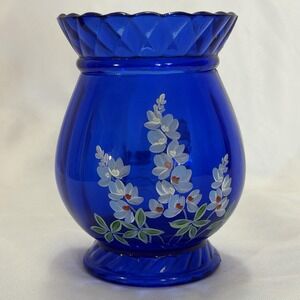 Fenton Cobalt Blue Hand-Painted Floral Bud Vase Signed D. Gessel Art Glass VTG